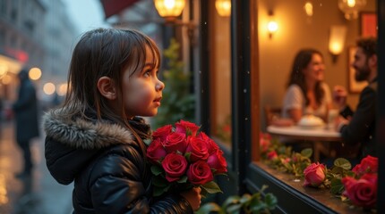 Child Longingly Gazing at Cafe Through Rain-Streaked Window