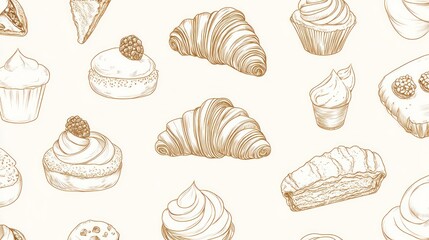 Pastry shop menu, bakery illustration, background design, food pattern, website template