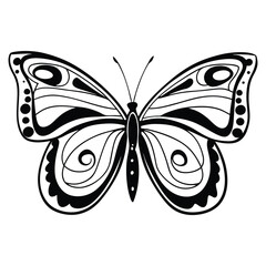 Black and white butterfly illustration with intricate patterns on wings, perfect for coloring books or design projects.