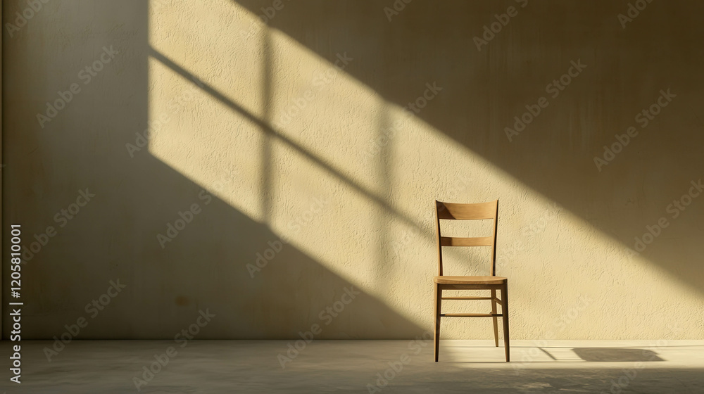 Poster minimalist room with single wooden chair and soft shadows from large window light