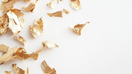 Obraz premium Pieces of abstract golden foil on white background. scattered crumpled golden foil top view perspective, glamorous wallpaper