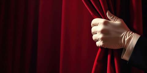 A spotlight lit gloved hand gently pulls back a red velvet curtain aiming to peek at  ongoing performance or spectators from backstage. Show bill template. World theatre day. Copy space