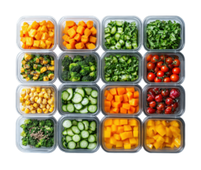 Meal prep containers filled with healthy foods kitchen food organized top view nutrition
