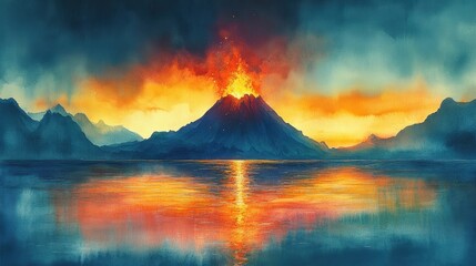 Fototapeta premium Dramatic watercolor painting of a volcanic eruption with fiery reflection