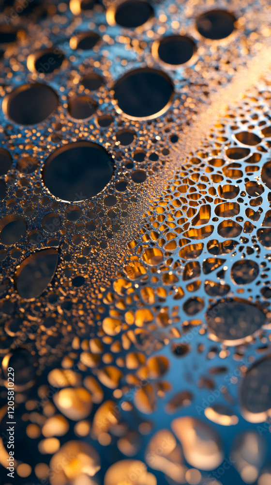 Poster golden metallic porous organic structure reflecting light, creating an abstract and futuristic backg