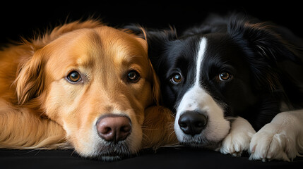A golden retriever dog and a border collie dog laying next to each other