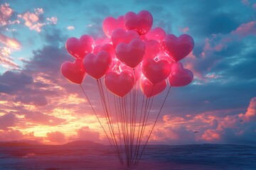 Fototapeta premium Cluster of Neon Pink Heart Shaped Balloons Against a Colorful Sky