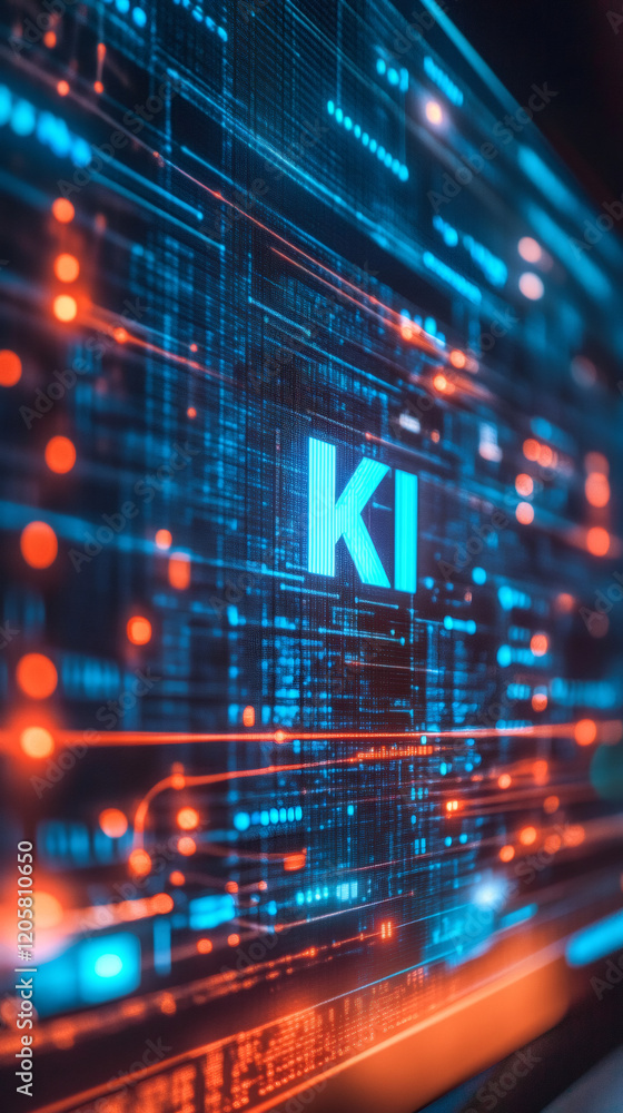 Leinwandbilder glowing ki symbol illuminating digital interface, streaming data patterns signaling advanced artific