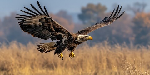 Obraz premium A majestic bald eagle soaring mid-flight over a lush forest under clear blue skies. Captures freedom and strength, perfect for nature or patriotic themes.