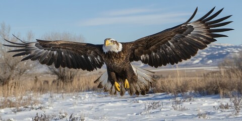 Obraz premium A majestic bald eagle soaring mid-flight over a lush forest under clear blue skies. Captures freedom and strength, perfect for nature or patriotic themes.