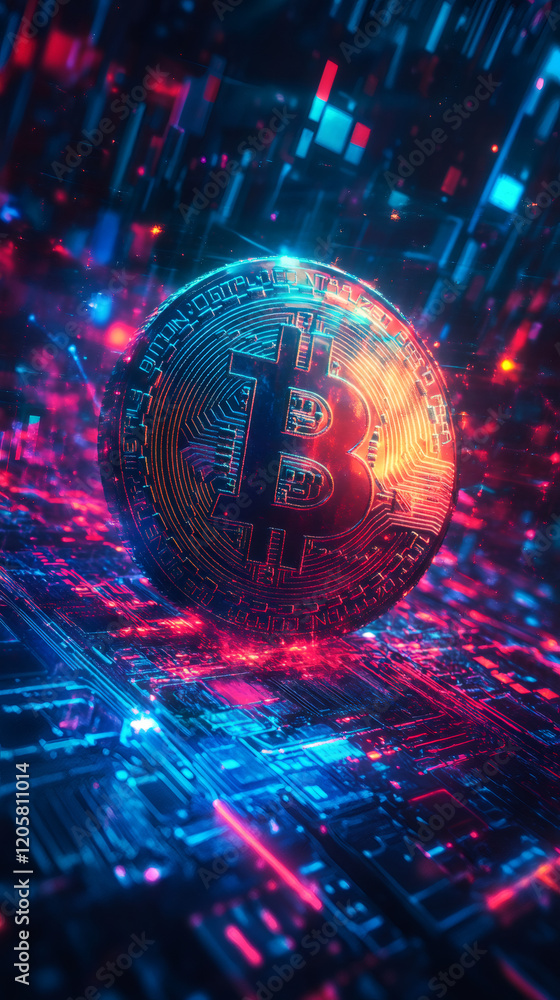 Poster Cryptocurrency bitcoin spinning above digital circuit board, glowing blue-red technological background representing crypto mining network