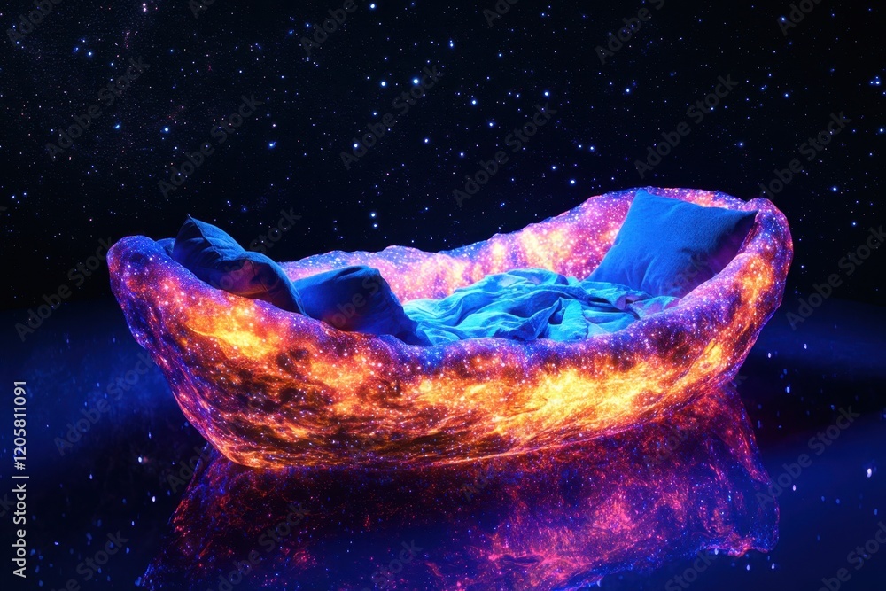 Poster cosmic bed designed with vibrant galaxy patterns in a starry space setting