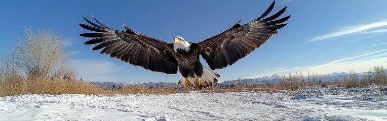 Obraz premium A majestic bald eagle soaring mid-flight over a lush forest under clear blue skies. Captures freedom and strength, perfect for nature or patriotic themes.