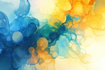 Abstract fluid art painting with blue, teal, and orange colors blending together, creating a vibrant and dynamic composition.