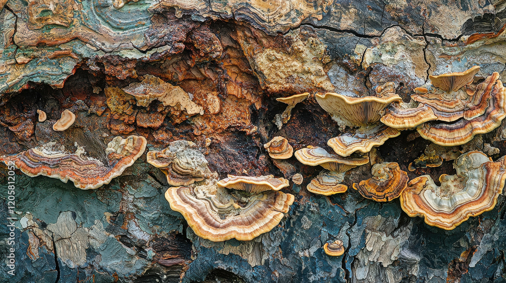 Poster intricate mysterious pattern of multicolored mushrooms growing on dark tree bark
