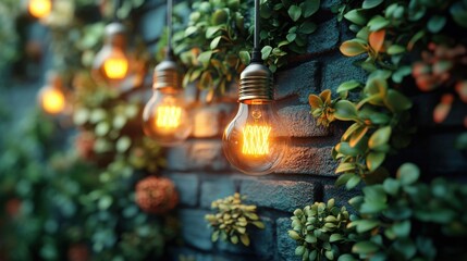 3D illustration of renewable energy logo sign surrounded by bulbs and plants. Green background, copy space for text, High quality, high detail. stock photo. 