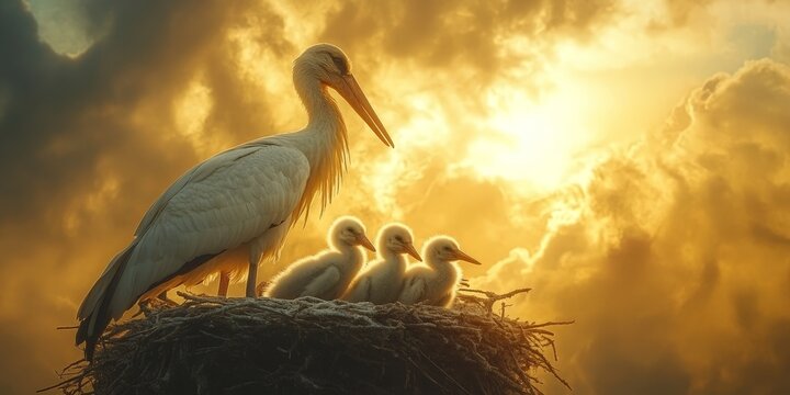 A bird family nesting under a bright blue sky, symbolizing nature, family bonds, and wildlife. Great for wildlife documentaries, family-themed content, and nature conservation projects.