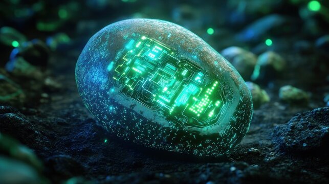 Glowing tech-embedded stone, alien landscape, futuristic concept