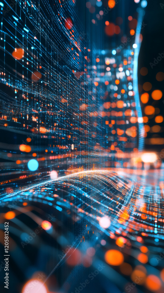 Poster digital wave rippling through cyberspace, glowing bokeh lights illuminating data streams and technol