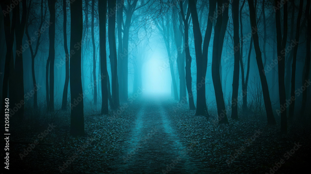 Poster mysterious path through dense fog in dark forest with ethereal light ahead
