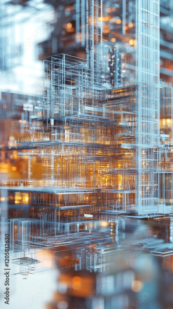 Aufkleber metallic wireframe cityscape glowing with digital networks, reflecting intricate urban design on sle