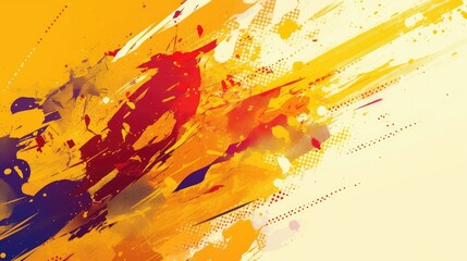 Abstract orange, yellow, red, and white paint splatters.