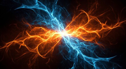 Obraz premium Clash of Elements: An abstract and mesmerizing collision of fiery orange and icy blue energy, illuminating the dark background with electrifying intensity.