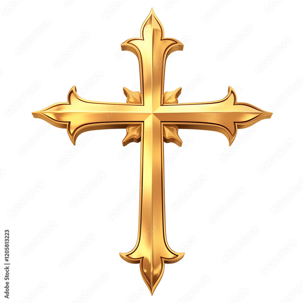 Poster golden ornate cross with intricate details and reflective surface isolated on transparency background. design features elegant curves and pointed edges, giving it regal appearance