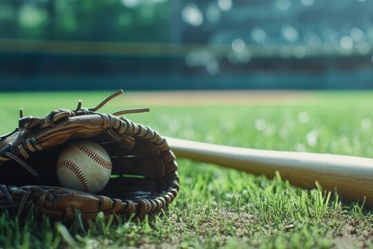 Baseball Equipment on Grass, a glove and bat on the field, baseball nestled in the glove, home plate in view, blurred background.