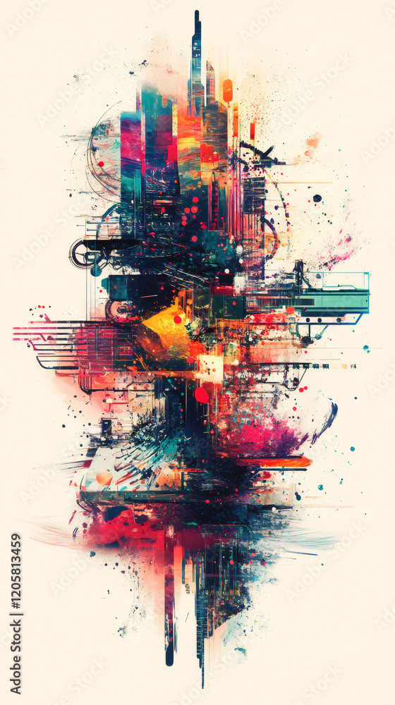 Poster Abstract cityscape exploding with vibrant colors, blending urban elements with dynamic brushstrokes and splatters