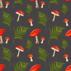 Watercolor Mushrooms Seamless Pattern. Design Element for Gift Wrapping Paper, Greeting