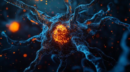Highly detailed close-up of a biological cell with glowing orange nucleus at the center, surrounded by intricate and dynamic tendrils, suspended in a dark, fluidic environment, bioluminescence effect,