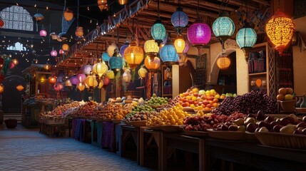 Night market, vibrant lanterns, fruit stalls, exotic produce, fantasy setting,  e-commerce
