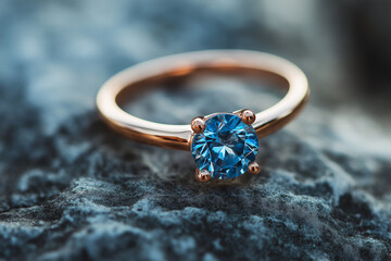 Elegant rose gold ring with blue diamond sparkling light
