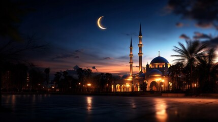 Fototapeta premium Night Serenity: Illuminated Mosque under Crescent Moon