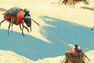 Fototapeta premium Robotic Insects Fly Over Sandy Desert Landscape