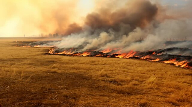 Wildfire running across dry agricultural field or pasture. Gener