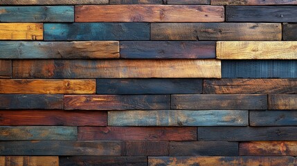 Naklejka premium Colorful wooden wall made of various planks, showcasing rich textures and hues in a rustic setting