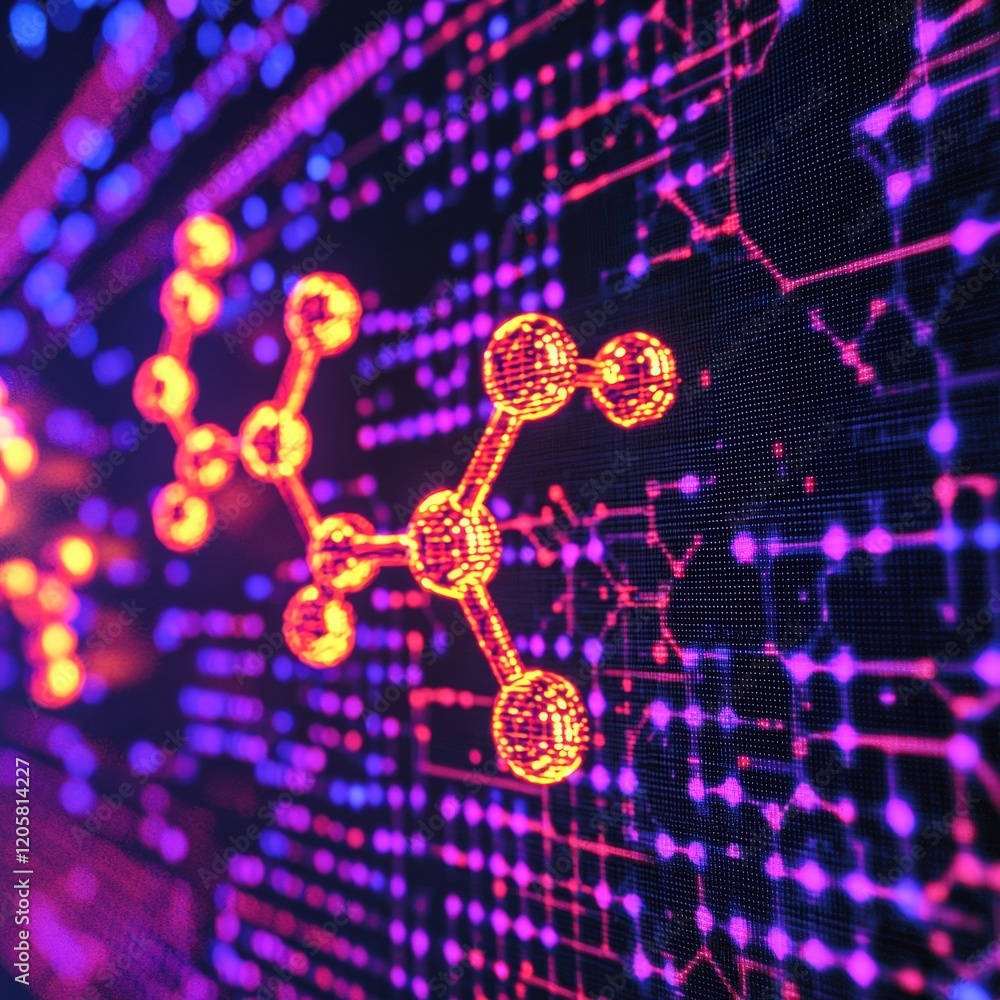 Poster glowing molecular structures integrated with circuit board pathways: a dynamic visualization of biot