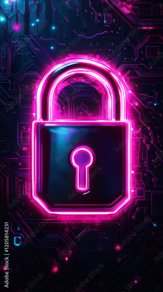 Poster neon pink glowing padlock securing a futuristic circuit board is a concept of cybersecurity and data