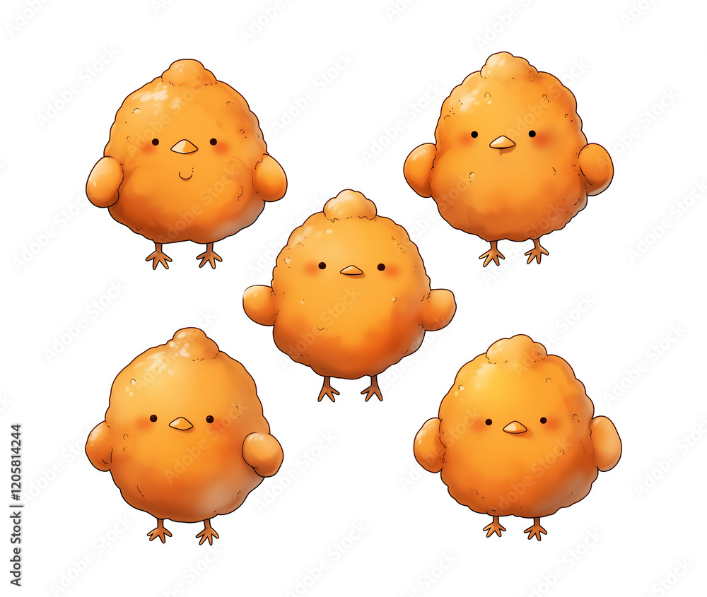 Poster Cute cartoon chicken nuggets with adorable expressions are isolated transparency background. These charming characters are designed playful and whimsical style, perfect for adding touch of fun to
