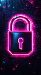 Neon pink glowing padlock securing a futuristic circuit board is a concept of cybersecurity and data protection