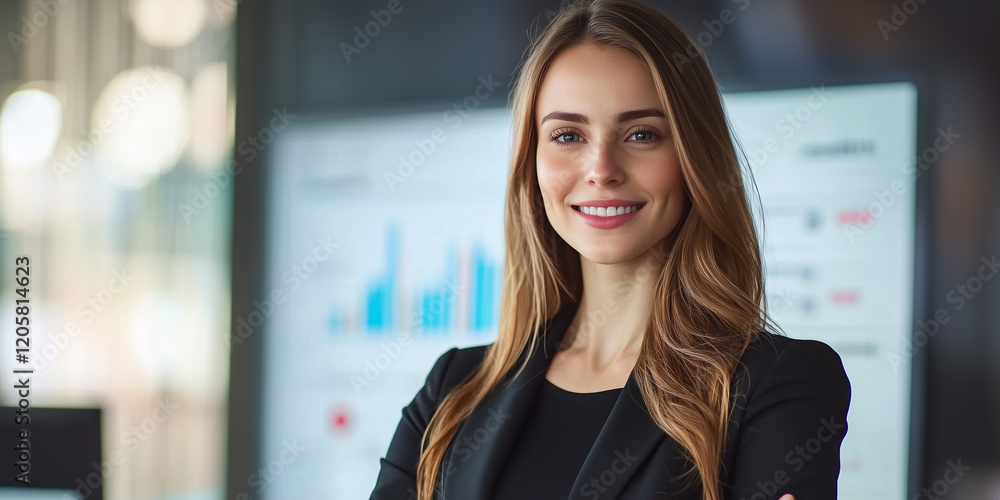 Poster confident business leader stands smiling in front of digital display with charts, embodying professi