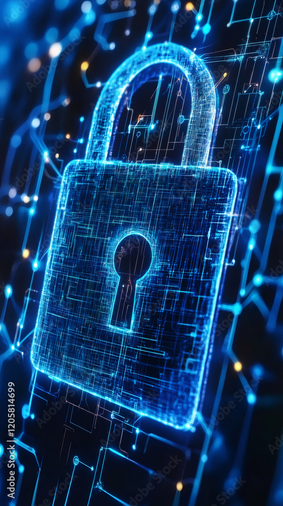 Poster digital padlock glowing on dark circuit board, representing cybersecurity and data protection in com