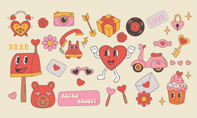 Retro groovy  hearts character set, all file grouped neatly. Comic style 60s 70s