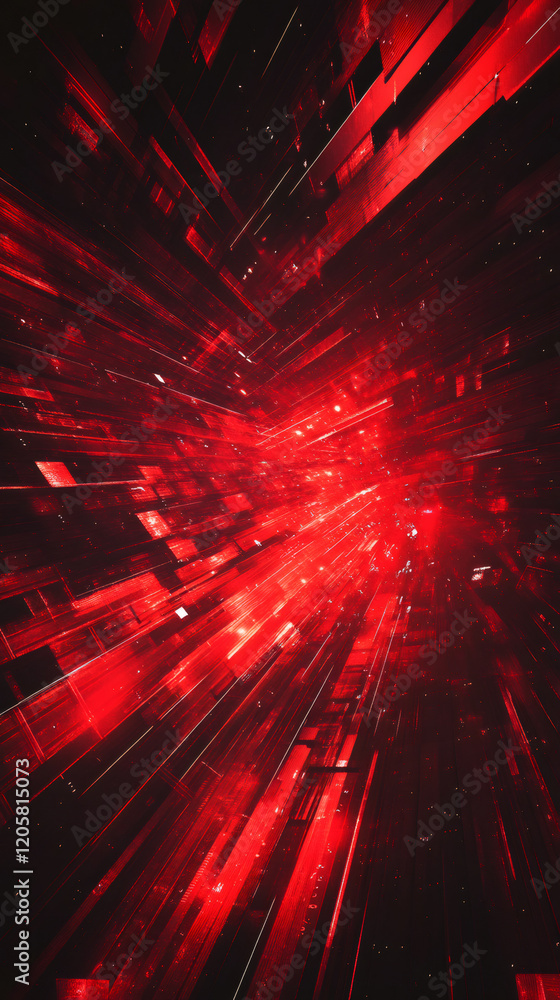 Poster Vivid red hyperspace jump effect generating luminous light trails, evoking rapid sci-fi movement and dynamic energy