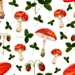Seamless pattern of watercolor illustrations of forest mushrooms and strawberries