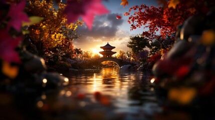 Autumnal Serenity: A Pagoda at Sunset