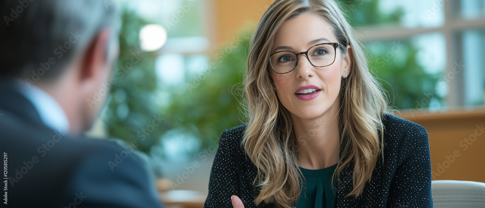 Poster woman with glasses is attentively listening during business meeting in modern office setting. backgr