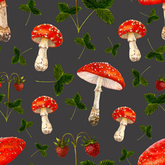 Seamless pattern of watercolor illustrations of forest mushrooms and strawberries